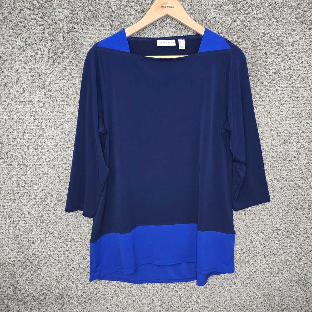 Susan Graver Top Womens Medium Blue Liquid Knit Square Neck Tunic Casual Ladies